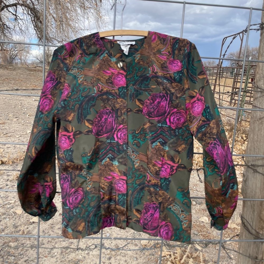 Vtg 90s Women's Blouse FB Petite Bronze Green with Roses Size 2 Small